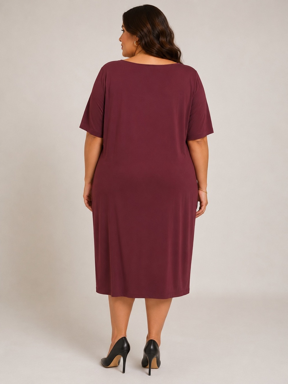 Aura Plus-Size V-Neck Ruched Midi Dress in Plum - Picture 3 of 6